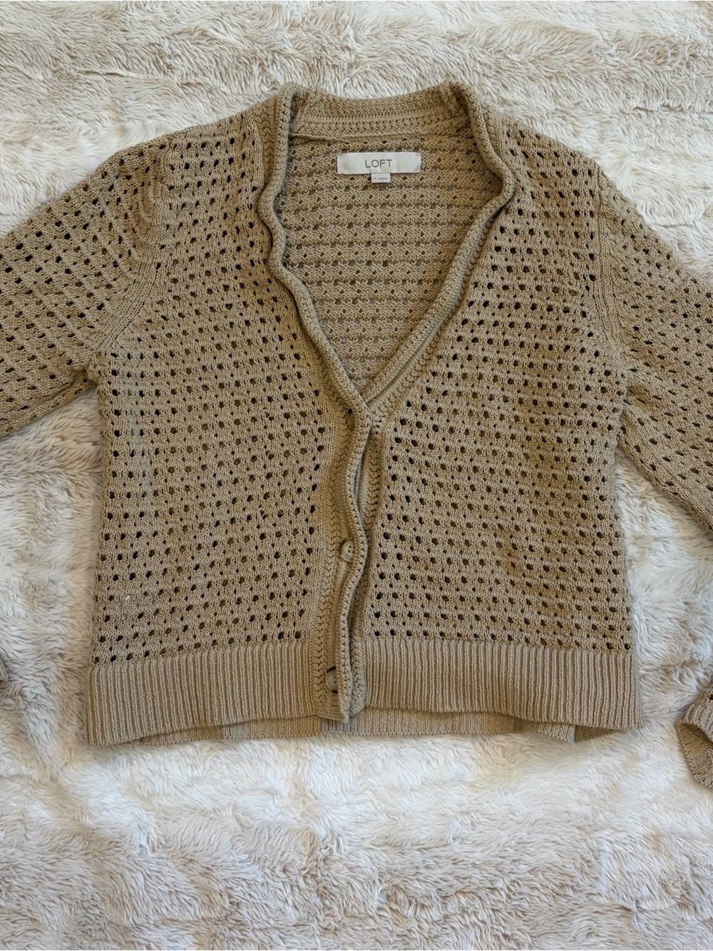 LOFT Beige brown tan taupe summer sweater medium Open-Weave Button Cardigan